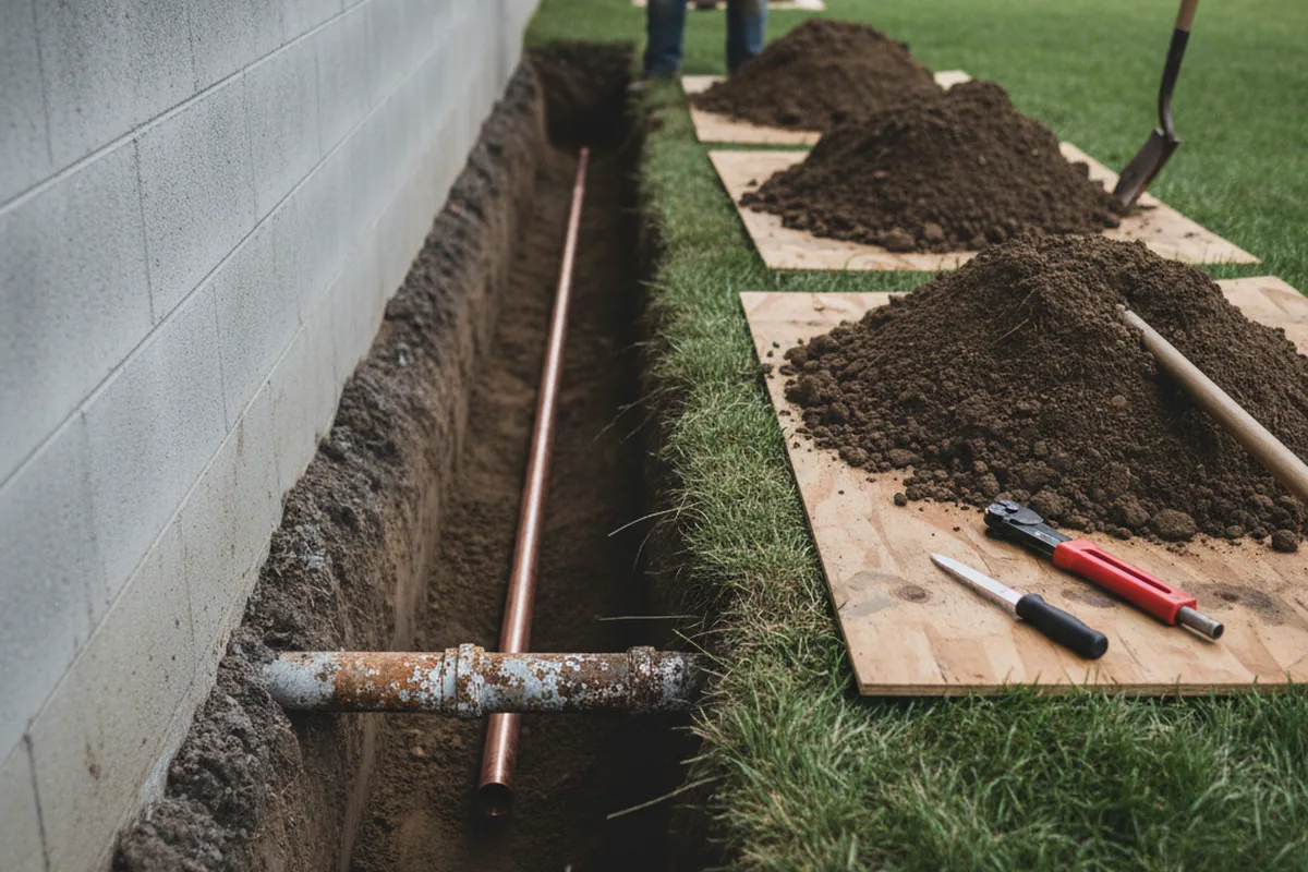 Excavated water line trench during Sewer Line Repair in Albany